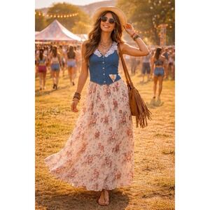 Vintage 90's Denim Floral Dress M Maxi Boho Cottagecore Lace Button Front
